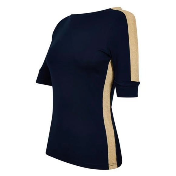 Ralph Lauren Women’s Two-Tone Stretch Cotton Elbow-Sleeve Tee Navy Blue Gold NWT - Picture 3 of 15